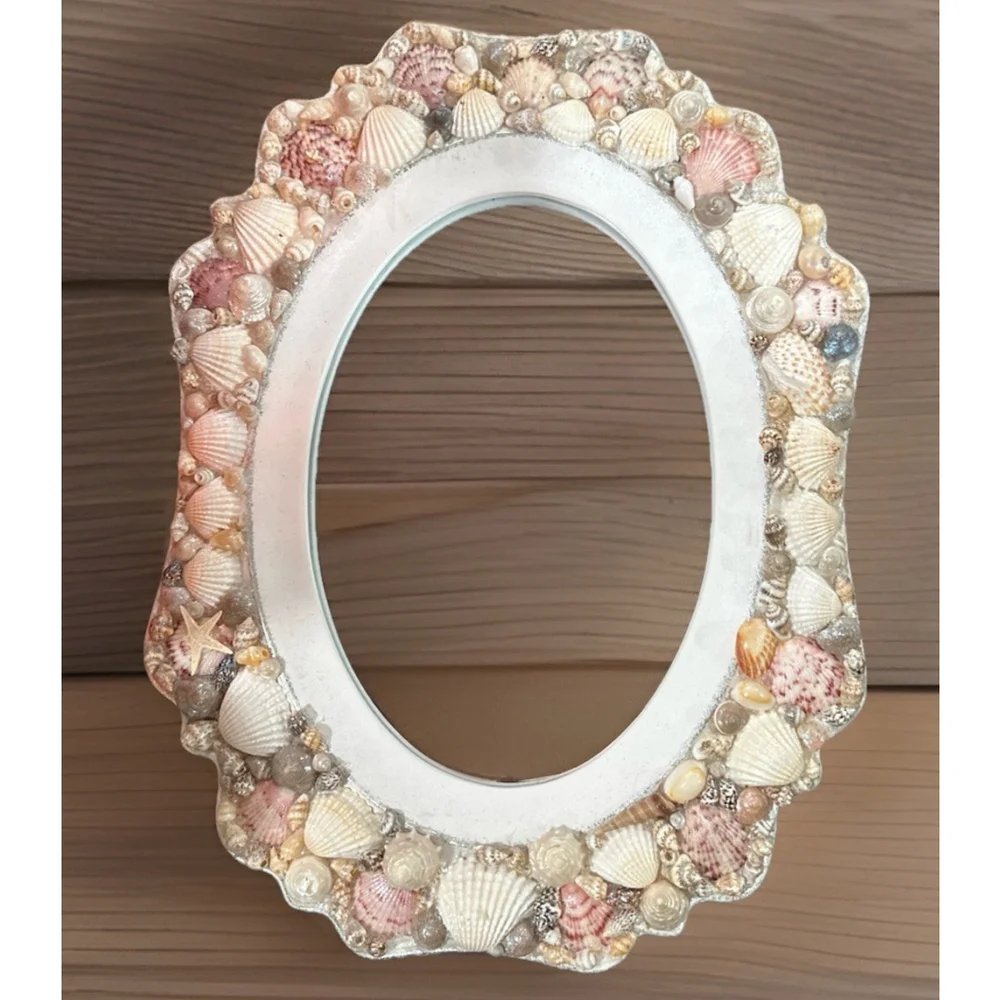 Vtg Mirror Art Ornate Seashell Adorned White Pink Vanity Easel Standing Wall 12”